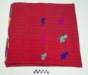 Tzute, women's multipurpose cloth, red with dark blue checkerboard lines, multicolored zoomorphic and geometric designs