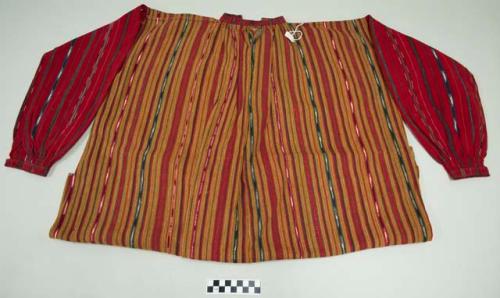 Shirt, women's or men's, brown body with stripes of red, green, and black and white ikat, arms are red with stripes of green and black and white ikat, shirt gathered at added collar