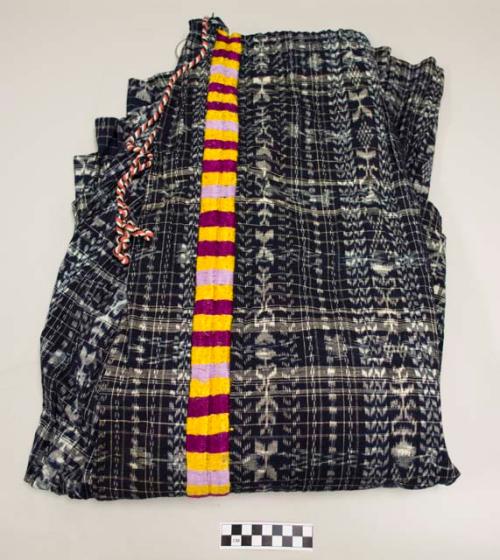 Skirt, women's cotton skirt, indigo and white ikak, gathered at waist with drawstring, multicolored silk randa joins two pieces