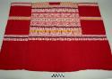 Huipil, women's shirt, red with white, yellow, black, and pink geometric and zoomorphic designs
