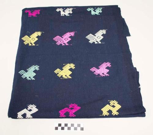 Tzute, multipurpose cloth, dark blue with multicolored zoomorphic images