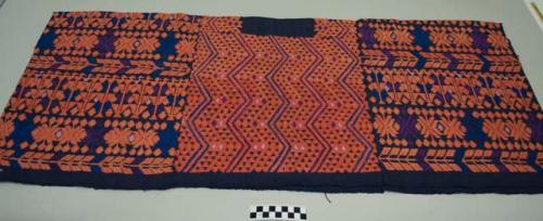 Huipil, women's shirt, three panels, head hole uncut, dark blue with dense geometric designs and trees and birds