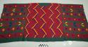 Huipil, women's shirt, three pieces sewen together, head hole uncut, sides unsewn, green with dense red, yellow, and blue geometric designs