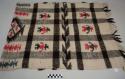 Shawl, men's shoulder blanket, white with brown horizontal and vertical bands with red and black anthropomorphic and geometric images, fringes on two ends