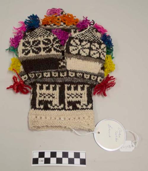 Monedera, purse, gray with black and brown zoomorphic and geometric designs, many tufts of decorative bright multicolored wool