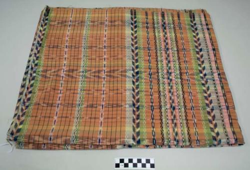 Skirt, women's skirt fabric, salmon with stripes of pink, green, blue and dark blue and white ikat