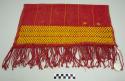 Tzut, men's ceremonial multipurpose cloth, red with thin yellow stripes and yellow geometric bands at both ends, twisted fringes at both ends