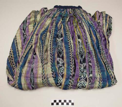 Skirt, women's full skirt, gathered at waist, added waist band, stripes of purple, blue, light green, yellow and dark blue and white ikat