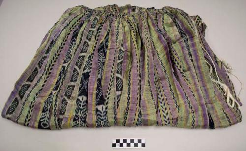 Skirt, women's full skirt, gathered at waist, added drawstring, stripes of purple, light green, yellow, and dark blue and white ikat