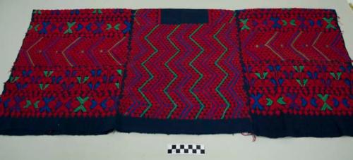 Huipil, women's shirt, three panels, head hole uncut, dark blue with red and some multicolored geometric images