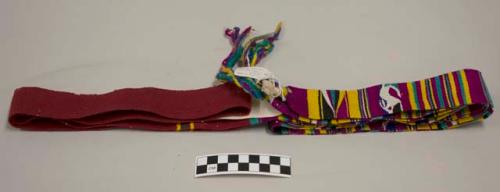 Cinta, women's hair ribbon, red with multicolored silk geometric and zoomorphic designs, long tassels at each ends