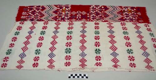 Huipil, women's shirt, three pieces sewn together, uncut head hole, white and red with multicolored geometric and zigzag designs