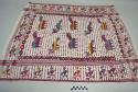 Tzute, women's multipurpose headcloth, white with red and blue stripes at edges, multicolored birds, animals, monkeys, dots, and geometrics