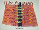 Tzute, women's multipurpose headcloth, two pieces sewn together, one end with twisted fringes, red, white, dark blue vertical stripes, series of multicolored half-triangles