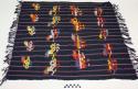 Tzute, men's multipurpose cloth, dark blue cloth with pink vertical stripes, multicolored two and four legged animals, fringes at both ends