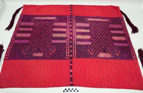 Tzute, men's multipurpose cloth, two pieces, red with narrow blue stripes and purple and pink double-headed eagles and geometric images, one tassel at each corner