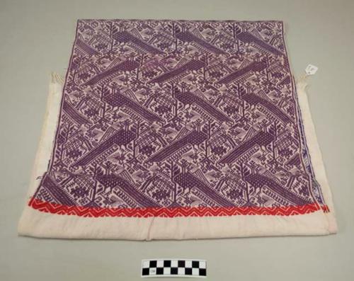 Huipil, one piece, white with lavender birds, diamonds, and trees and small bands of light and dark pink geometric designs at edges, exterior very faded