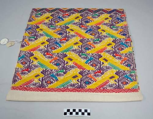 Huipil, half, one piece, white with purple trees, multicolored birds and small bands of dark pink geometric designs at edges, fringes