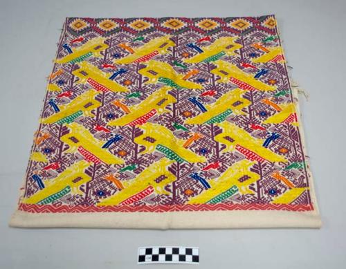 Huipil, half, one piece, white with purple trees, multicolored birds, diamonds, and small bands of dark pink geometric designs at edges, fringes