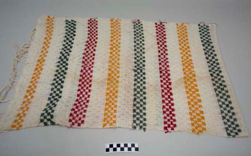 Scarf, one piece, white gauze weave with multicolored checkerboard patterns, fringes on both ends