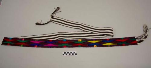 Belt, women's belt, black and white with multicolored embroidered geometric designs, fringes on both ends