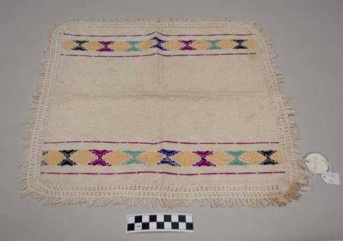 Servilleta, multipurpose cloth, white with white and multicolored geometric designs, crochet trim and fringe on all edges