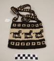 Bag, boy's bag, brown and white, strap attached at two corners, decorated with horses and geometric forms