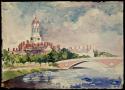 Watercolor sketch of view of Harvard and the footbridge over the Charles River