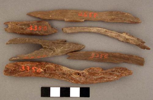 Wood fragments, some notched at one end