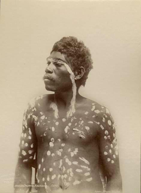 Portrait of a Boogoolmurra Aboriginal man painted with white ochre
