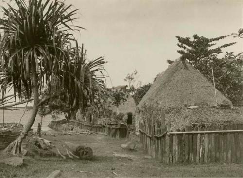 An oceanside village, a native woman visible in the distance leaning against a tree trunk