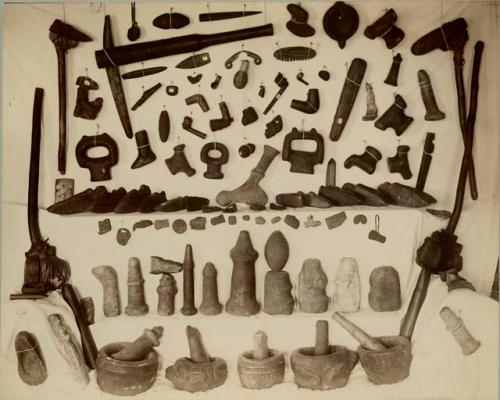 Stone implements; Mortar and pestle, axes, pipes, etc.