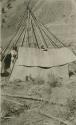 Woman of Thompson River Indians stripping mats off a tepee