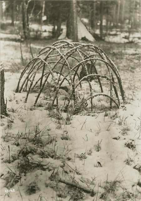 Old sweat house frame during winter, Spences Bridge Band, Upper Tswal Valley