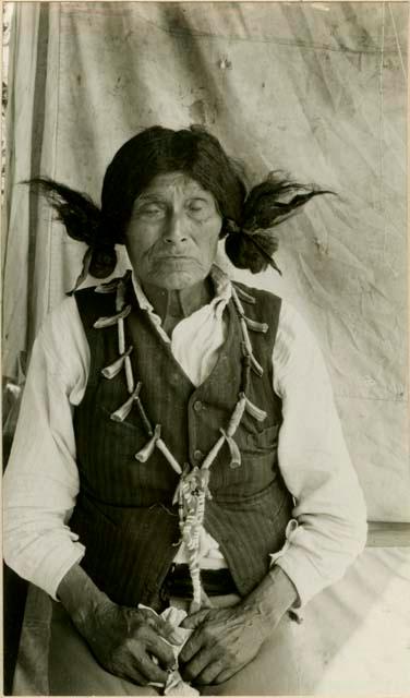 Thompson River Indian man "Roi.pellst" (Flaming Stone) showing hair dressing of men of all ages