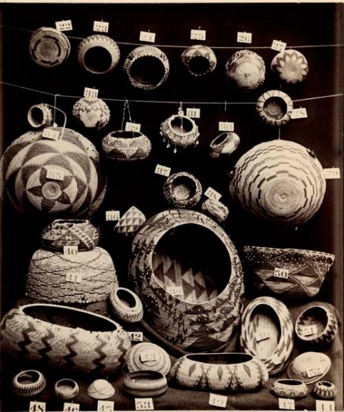 Displays of baskets; "Pomo and related kin groups" from H. N. Rust, California