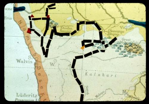 Map of Africa showing vegetation, with route of 1950 Expedition, close-up