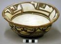 Bowl, polacca polychrome style c. int: linear design; ext: zuni rain bird design