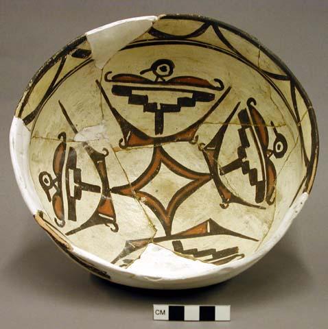 Bowl, polacca polychrome style c. int: animal & plant design; ext: linear design