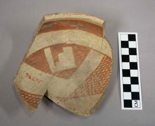 Ceramic, sherd, mended, red on white design both sides