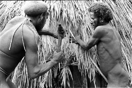 Apeori and another man with stone axe going to trim grass on the entrance to the new honai