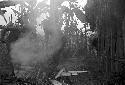 Yoli and Yegé Asuk, shrouded in smoke, repairing the waroleget behind Wali's honai in Wuperainma I
