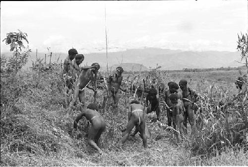 Men beating the grass to find mice