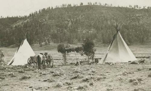 Two tepees with horse and cart