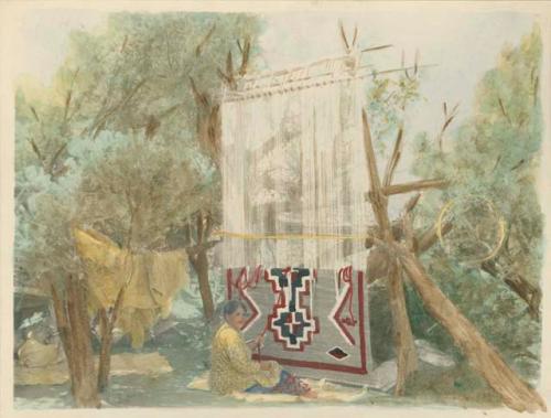 Navajo woman weaving a blanket on a loom