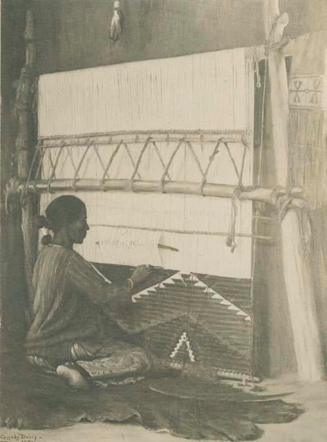 Painting of a Navajo woman weaving