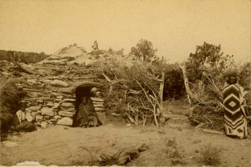 Hut built partly of stone and partly of wood