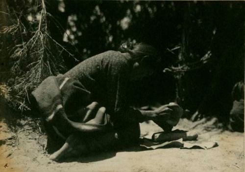 Woman pounding the bark of the black alder