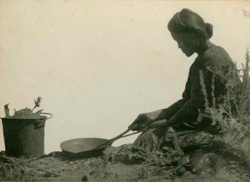 Woman boiling the leaves and twigs of the Rhus aromatica and burning the ferruginous ochre