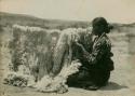 Navajo woman working on a fleece from a sheep